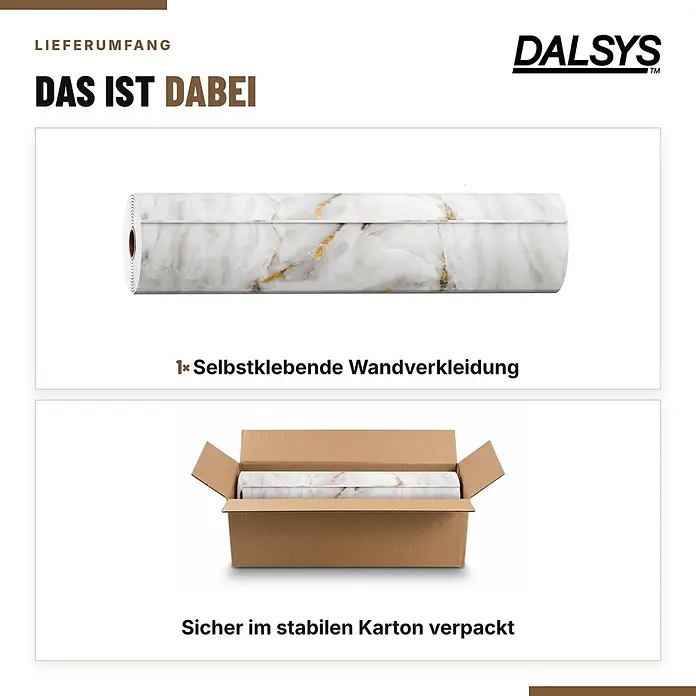 Dalsys Wandpaneel - 3.000 x 600 mm - Selbstklebende Wandverkleidung mit weiß-goldenem Marmormuster, gerollt und in einem Karton verpackt.