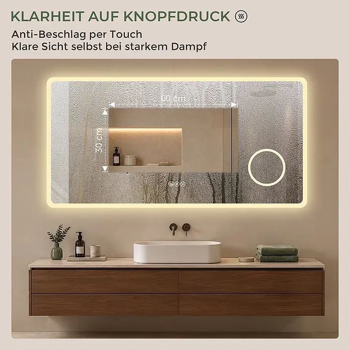 Badspiegel LED 120 x 60 cm, Bluetooth, 3-fach Vergrößerung, Anti-Beschlag -  - Beleuchteter Badspiegel mit Antibeschlagfunktion, zeigt klare Sicht im Dampf. Rechteckig über modernem Waschtisch.
