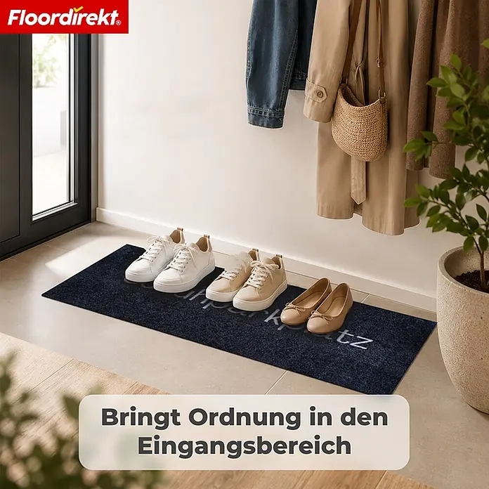 Floordirekt Fußmatte - 40 x 120 cm, Anthrazit, Material Nutzschicht: Polyamid - Dunkelblaue Fußmatte mit „Schuhparkplatz“-Schriftzug, die Schuhe im Eingangsbereich ordentlich hält.