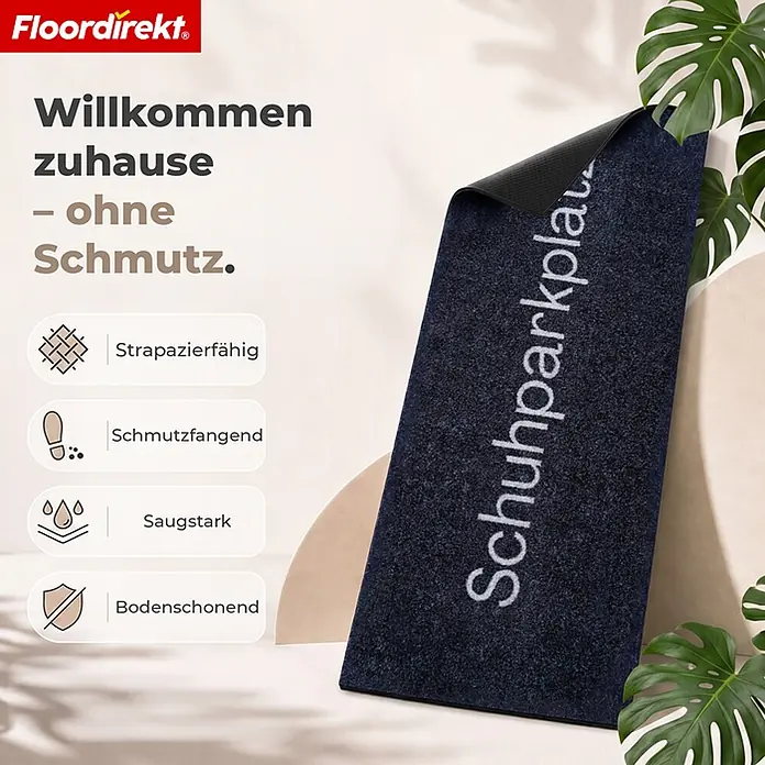 Floordirekt Fußmatte - 40 x 120 cm, Anthrazit, Material Nutzschicht: Polyamid - Dunkelblaue Fußmatte mit „Schuhparkplatz“-Aufschrift, teilweise aufgerollt, für ein sauberes Zuhause.