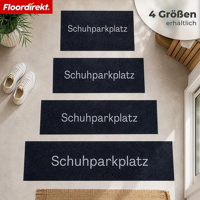 Floordirekt Fußmatte - 40 x 120 cm, Anthrazit, Material Nutzschicht: Polyamid - Vier schwarze Matten mit der Aufschrift 'Schuhparkplatz', stufenförmig angeordnet zur Schuhordnung.