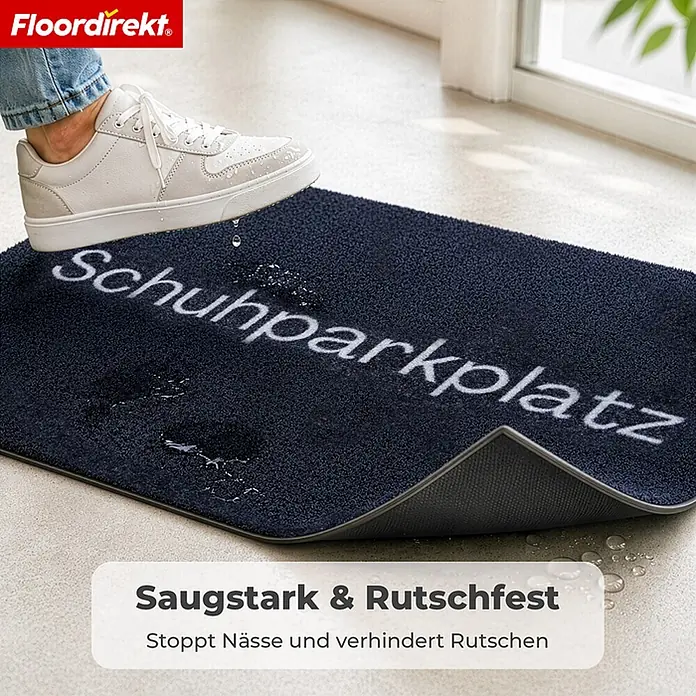 Floordirekt Fußmatte - 40 x 120 cm, Anthrazit, Material Nutzschicht: Polyamid - Dunkelblaue saugfähige Fußmatte mit Schriftzug 'Schuhparkplatz', stoppt Nässe und ist rutschfest.