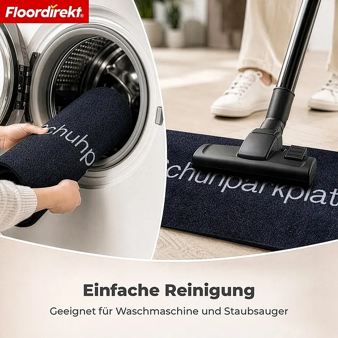 Floordirekt Fußmatte - 40 x 120 cm, Anthrazit, Material Nutzschicht: Polyamid - Dunkelblaue Fußmatte mit "Schuhparkplatz"-Aufschrift, die in einer Waschmaschine gereinigt und gesaugt wird, um einfache Pflege zu demonstrieren.