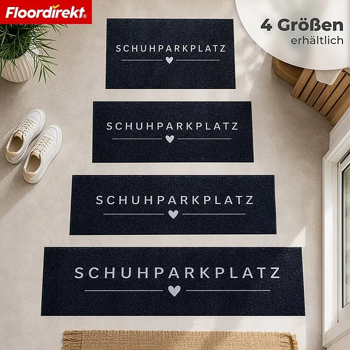 Floordirekt Fußmatte - 30 x 75 cm, Anthrazit, Material Nutzschicht: Polyamid - Vier dunkelgraue Fußmatten mit weißem 'SCHUHPARKPLATZ'-Schriftzug und Herz in verschiedenen Größen.