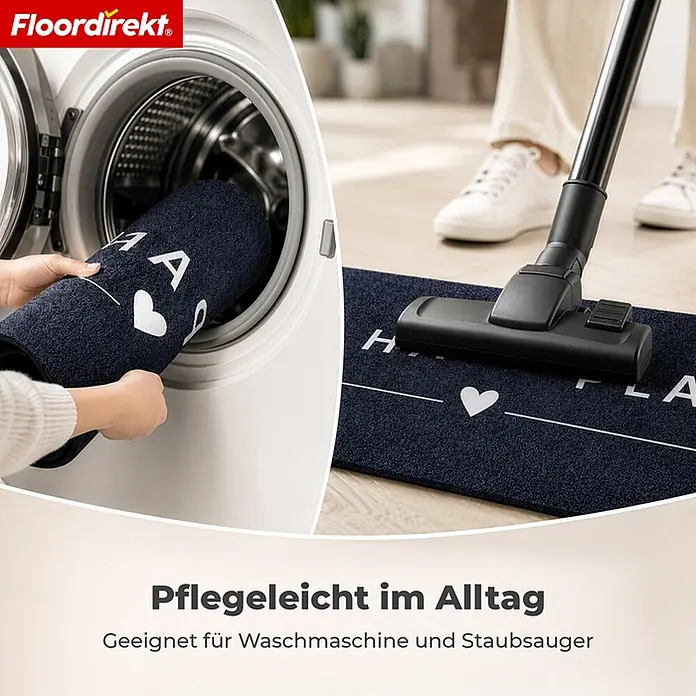 Floordirekt Fußmatte - 30 x 75 cm, Anthrazit, Material Nutzschicht: Polyamid - Dunkelblaue Matte mit weißem 'HAPP Y PLACE' Schriftzug und Herz, die in einer Waschmaschine und mit einem Staubsauger gereinigt wird.