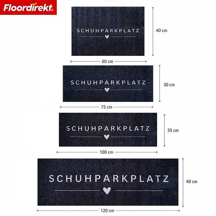 Floordirekt Fußmatte - 30 x 75 cm, Anthrazit, Material Nutzschicht: Polyamid - Vier dunkelgraue Fußmatten in verschiedenen Größen, jede mit 'SCHUHPARKPLATZ' und einem Herz in weißer Schrift.