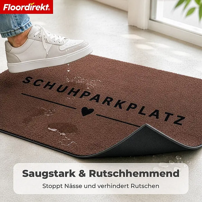 Floordirekt Fußmatte - 35 x 100 cm, Braun, Material Nutzschicht: Polyamid - Braune, saugstarke Fußmatte mit 'SCHUHPARKPLATZ'-Aufschrift, nässestoppend und rutschhemmend, mit Sneaker.