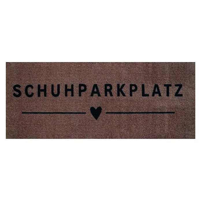 Floordirekt Fußmatte - 35 x 100 cm, Braun, Material Nutzschicht: Polyamid - Braune Kokos-Fußmatte mit schwarzem Text "SCHUHPARKPLATZ" und einem Herzsymbol.