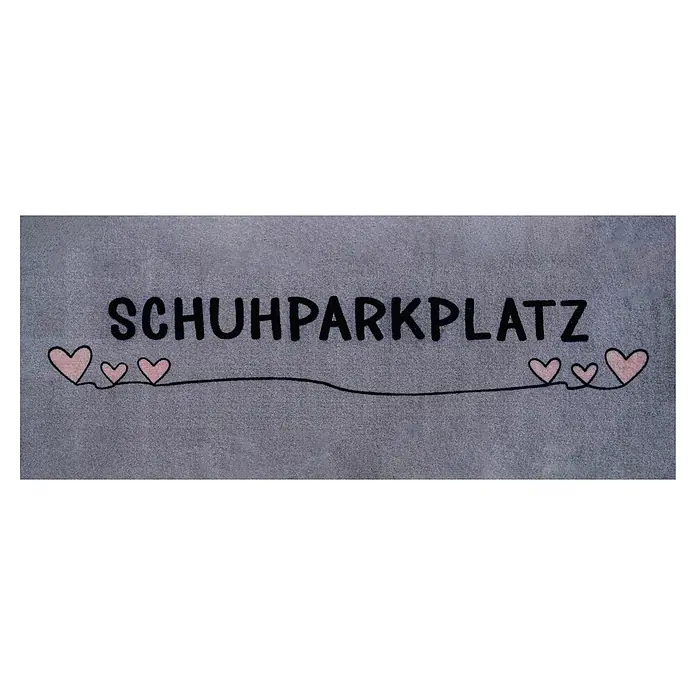 Floordirekt Fußmatte - 30 x 75 cm, Grau, Material Nutzschicht: Polyamid - Graue Fußmatte mit der Aufschrift "SCHUHPARKPLATZ" und rosa Herzen.