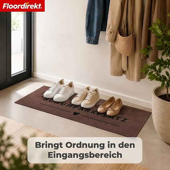 Floordirekt Fußmatte - 35 x 100 cm, Braun, Material Nutzschicht: Polyamid - Braune Fußmatte mit 'SCHUHPARKPLATZ' und Herz, im Eingangsbereich zur Schuhordnung.