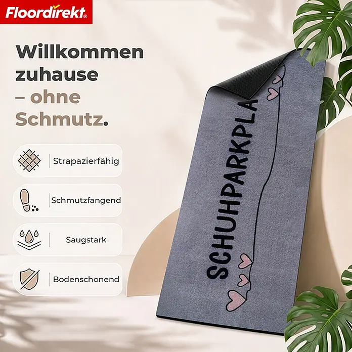 Floordirekt Fußmatte - 30 x 75 cm, Grau, Material Nutzschicht: Polyamid - Graue Fußmatte mit "SCHUHPARKPLATZ" und Herzen, ideal als schmutzfangende Eingangsmatte für zuhause.