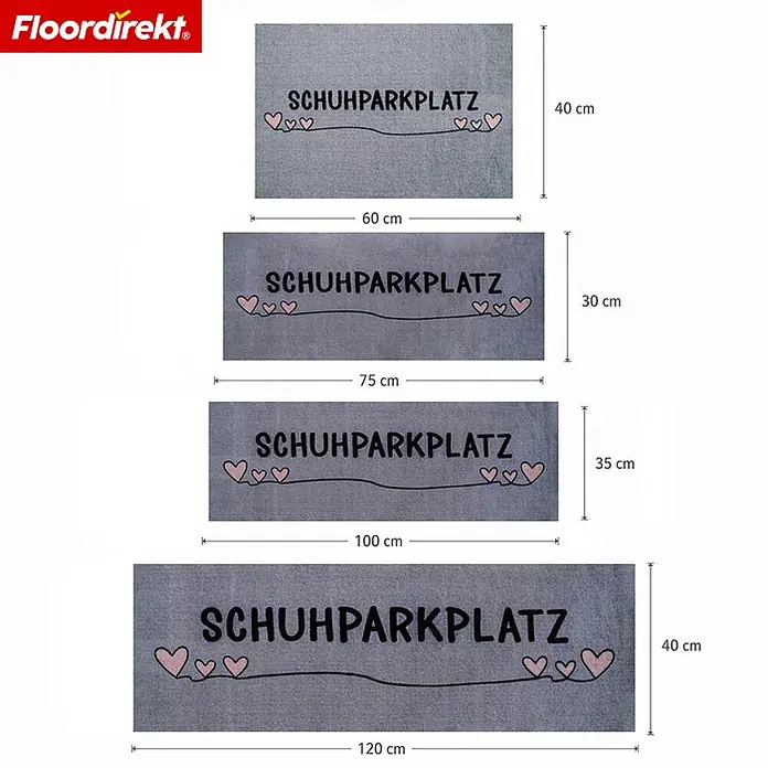 Floordirekt Fußmatte - 30 x 75 cm, Grau, Material Nutzschicht: Polyamid - Vier graue Stoffmatten mit „SCHUHPARKPLATZ“-Schriftzug und Herzmotiven, in verschiedenen Größen zur Schuhaufbewahrung.