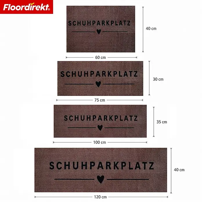Floordirekt Fußmatte - 35 x 100 cm, Braun, Material Nutzschicht: Polyamid - Vier braune Fußmatten mit 'SCHUHPARKPLATZ' Schriftzug und Herz, in verschiedenen Größen mit Maßen dargestellt.