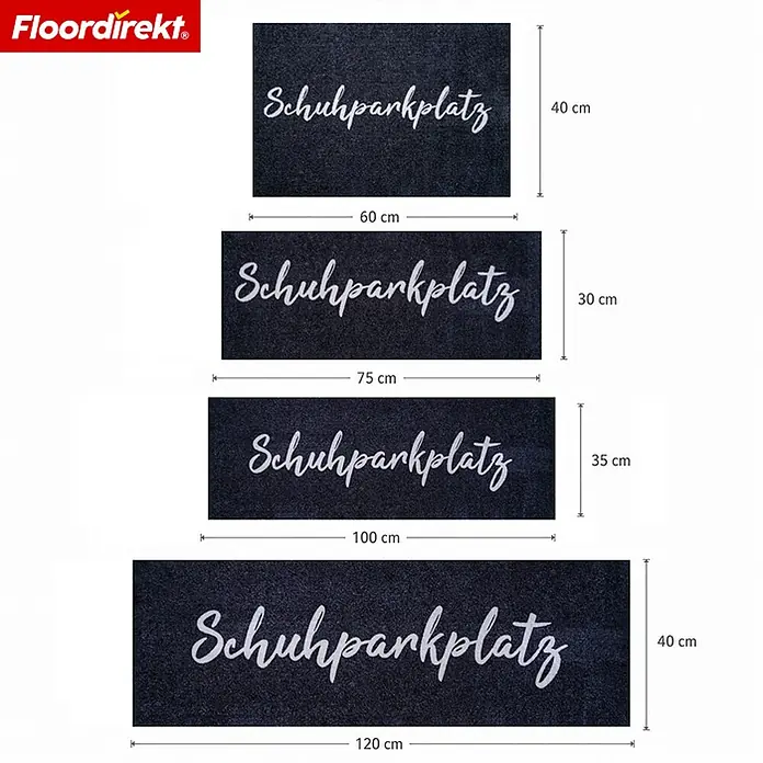 Floordirekt Fußmatte - 40 x 60 cm, Anthrazit, Material Nutzschicht: Polyamid - Vier dunkelgraue Fußmatten mit weißem 'Schuhparkplatz'-Schriftzug in verschiedenen Größen.
