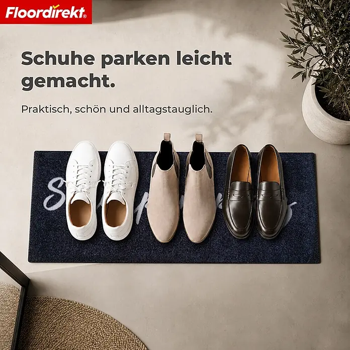Floordirekt Fußmatte - 40 x 60 cm, Anthrazit, Material Nutzschicht: Polyamid - Dunkelblaue Fußmatte mit „Schuhe“-Aufschrift zur ordentlichen Schuhablage.