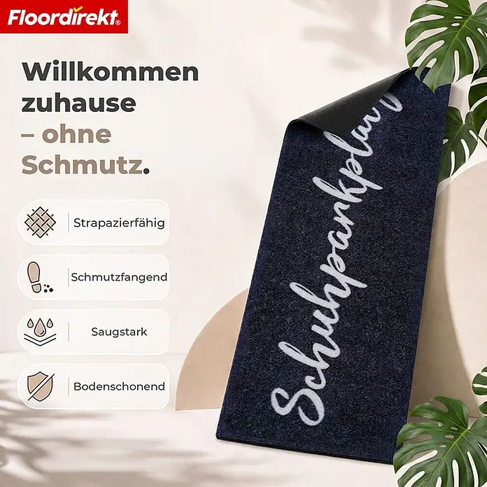 Floordirekt Fußmatte - 40 x 60 cm, Anthrazit, Material Nutzschicht: Polyamid - Dunkelblaue Fußmatte mit weißer "Schuhparkplatz"-Aufschrift, für saubere Böden.