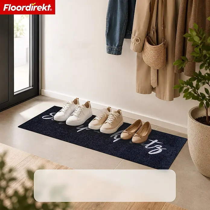 Floordirekt Fußmatte - 40 x 60 cm, Anthrazit, Material Nutzschicht: Polyamid - Dunkelblaue Fußmatte mit weißer 'Schmutz'-Aufschrift im Eingangsbereich mit Schuhen.