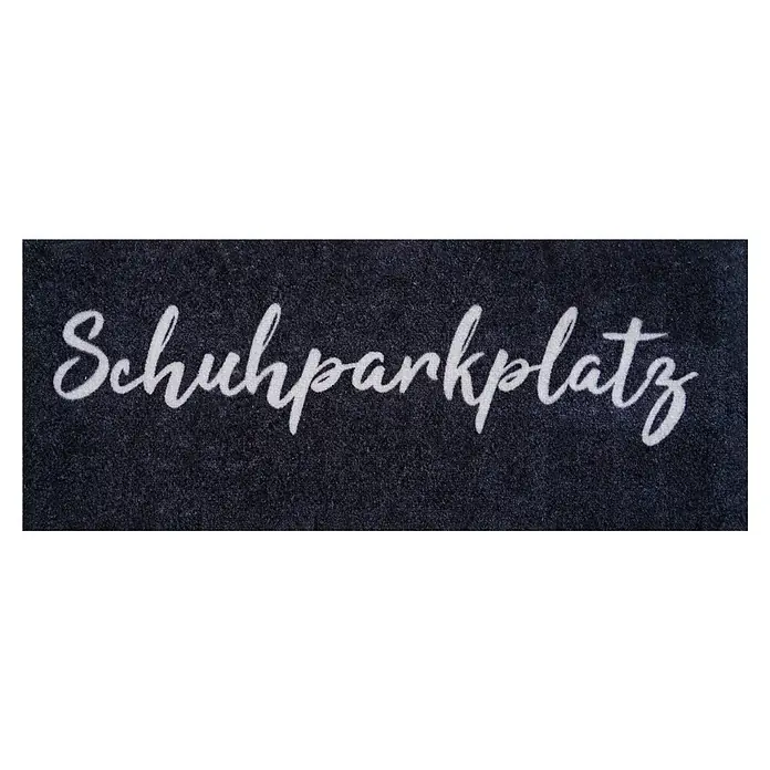Floordirekt Fußmatte - 40 x 60 cm, Anthrazit, Material Nutzschicht: Polyamid - Dunkelgraue Fußmatte mit „Schuhparkplatz“ in weißer Schreibschrift.