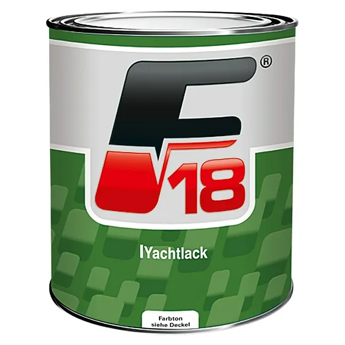 F18 Yachtlack - Weiß, Hochglänzend, 750 ml - Dose F18 Yachtlack. Grün-weiße Dose mit dem Logo F18, ein Produkt für hochwertige Bootslackierungen mit guter Deckkraft.
