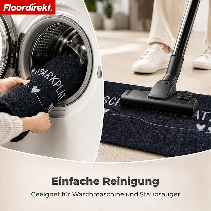 Floordirekt Fußmatte - 30 x 75 cm, Anthrazit, Material Nutzschicht: Polyamid - Dunkelblaue waschbare Fußmatte mit weißen Herzen und Text, in Waschmaschine und beim Saugen gezeigt.