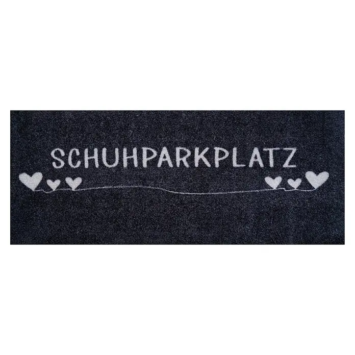 Floordirekt Fußmatte - 30 x 75 cm, Anthrazit, Material Nutzschicht: Polyamid - Dunkelgraue Fußmatte mit weißem Aufdruck "SCHUHPARKPLATZ" und Herz-Motiven.