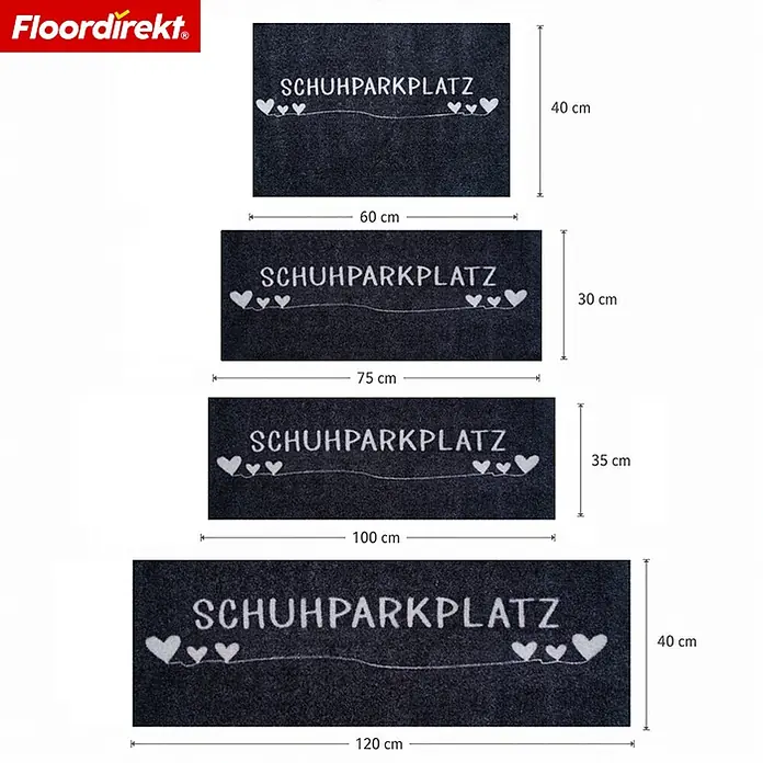 Floordirekt Fußmatte - 30 x 75 cm, Anthrazit, Material Nutzschicht: Polyamid - Dunkelgraue Fußmatte mit „SCHUHPARKPLATZ“ und weißen Herzen, in vier Größen dargestellt.