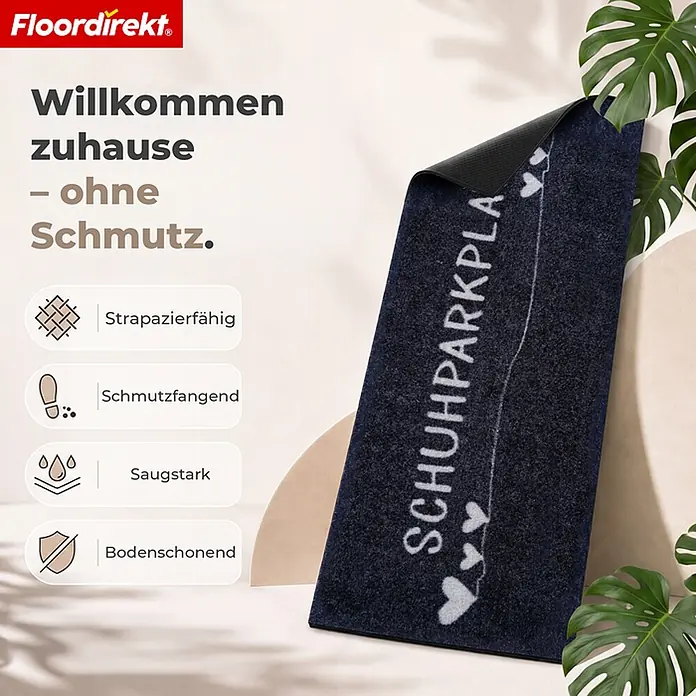 Floordirekt Fußmatte - 30 x 75 cm, Anthrazit, Material Nutzschicht: Polyamid - Dunkelblaue Fußmatte mit 'SCHUHPARKPLATZ' Aufschrift, schmutzfangend und bodenschonend.