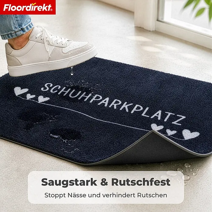 Floordirekt Fußmatte - 30 x 75 cm, Anthrazit, Material Nutzschicht: Polyamid - Dunkelblaue saugfähige Fußmatte mit "SCHUHPARKPLATZ" Schriftzug und Herzen, die Nässe aufnimmt und unter einem Schuh rutschfest ist.