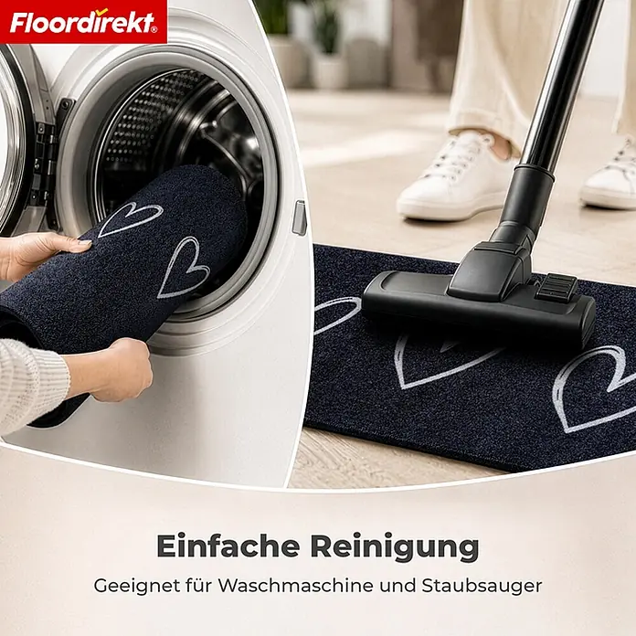 Floordirekt Fußmatte - 30 x 75 cm, Anthrazit, Material Nutzschicht: Polyamid - Dunkelblaue Matte mit weißen Herzen wird in Waschmaschine gelegt und gesaugt, zeigt einfache Reinigung.