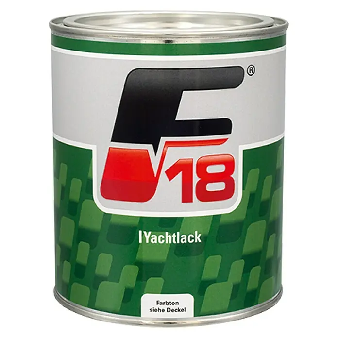 F18 Yachtlack - Cremeweiß, Hochglänzend, 750 ml - Farbdose F18 Yachtlack mit grün-weißem Etikett und auffälligem Logo. Ideal für Bootlackierungen und maritime Anwendungen.