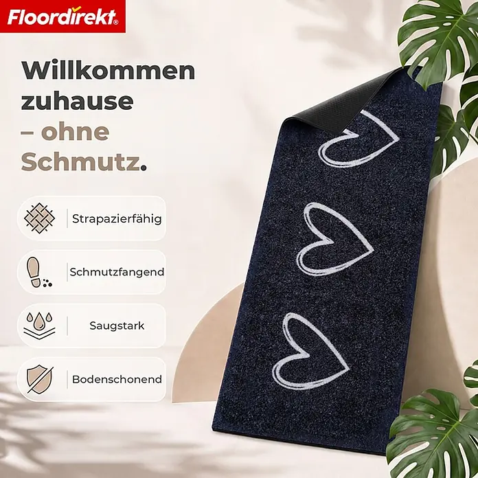 Floordirekt Fußmatte - 30 x 75 cm, Anthrazit, Material Nutzschicht: Polyamid - Dunkelblaue Fußmatte mit weißen Herzumrissen, teilweise aufgerollt, mit rutschfester Unterseite. Strapazierfähig und schmutzfangend.