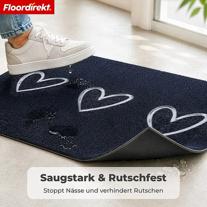 Floordirekt Fußmatte - 30 x 75 cm, Anthrazit, Material Nutzschicht: Polyamid - Dunkelblaue saugstarke Fußmatte mit Herzdesign, nimmt Wasser von Schuh auf. Rutschfeste Unterseite sichtbar.