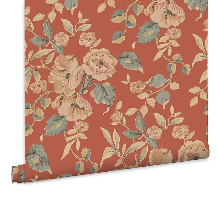 Vliestapete Hibiskusblüten 1000x52cm Laura Ashley -  - Terrakottafarbene Tapetenrolle mit detailliertem Vintage-Blumen- und Blättermuster in Beige, Rosa und Grün.