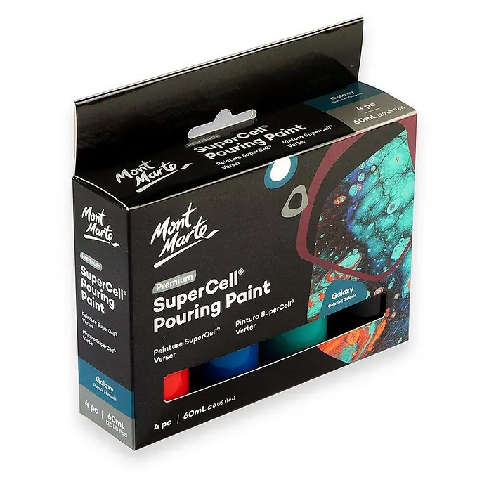 Mont Marte Acrylfarben-Set SuperCell® Galaxy - mehrfarbig, 4 Stk. x 60 ml, Flasche - Mont Marte SuperCell Pouring Paint Set, 4 x 60ml, Galaxy-Farben, in schwarzer Verpackung mit Produktkunst und Aufhängelasche.