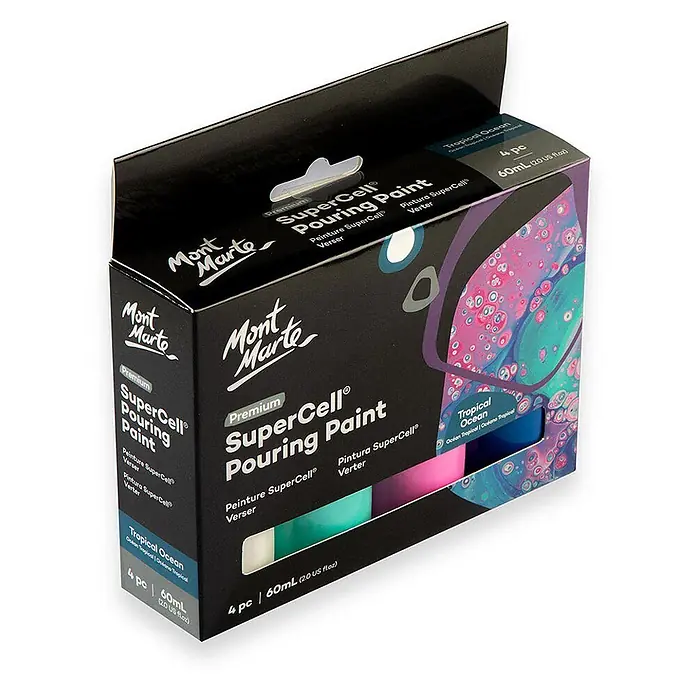 Mont Marte Acrylfarben-Set SuperCell® Tropical Ocean - mehrfarbig, 4 Stk. x 60 ml, Flasche - Mont Marte SuperCell Pouring Paint, Tropical Ocean Set. Schwarzer Karton mit 4 Farbflaschen.