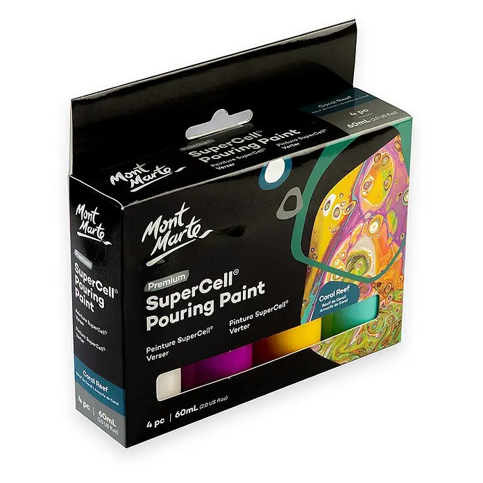 Mont Marte Acrylfarben-Set SuperCell® Coral Reef - mehrfarbig, 4 Stk. x 60 ml, Flasche - Mont Marte SuperCell Pouring Paint 'Coral Reef' Set, 4x60ml, in einer schwarzen Box mit abstraktem Design und Flaschen.