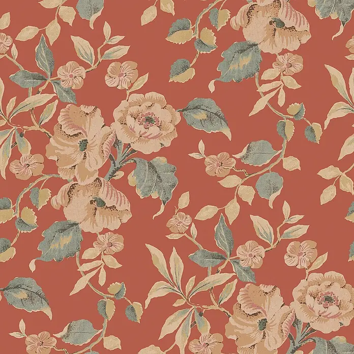 Vliestapete Hibiskusblüten 1000x52cm Laura Ashley -  - Vintage-Blumenmuster auf Terrakotta-Hintergrund mit pfirsichfarbenen Blüten und gedämpften grünen Blättern, Stoffoptik.