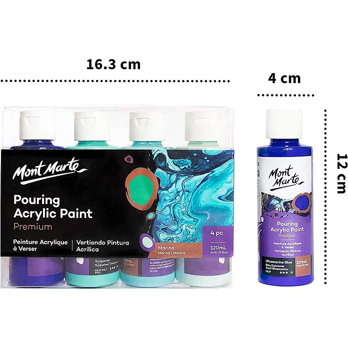 Mont Marte Acrylfarben-Set Premium Marina - mehrfarbig, 4 Stk. x 120 ml, Flasche - Mont Marte Pouring Acrylfarbe 4er-Set und separate 120ml ultramarinblaue Flasche.