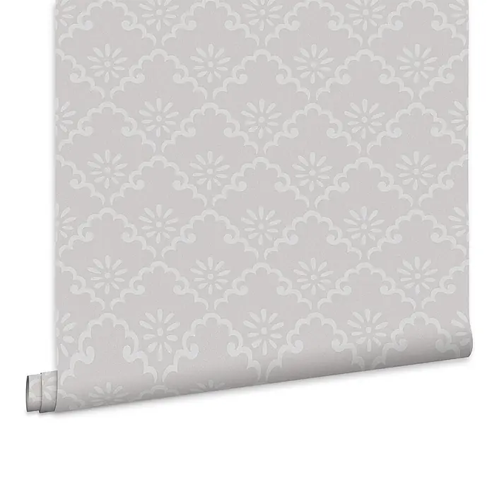 Vliestapete Coralie 1000x52cm Laura Ashley -  - Rolle hellgraue Tapete mit weißem Blumen- und wolkigem Gittermuster.