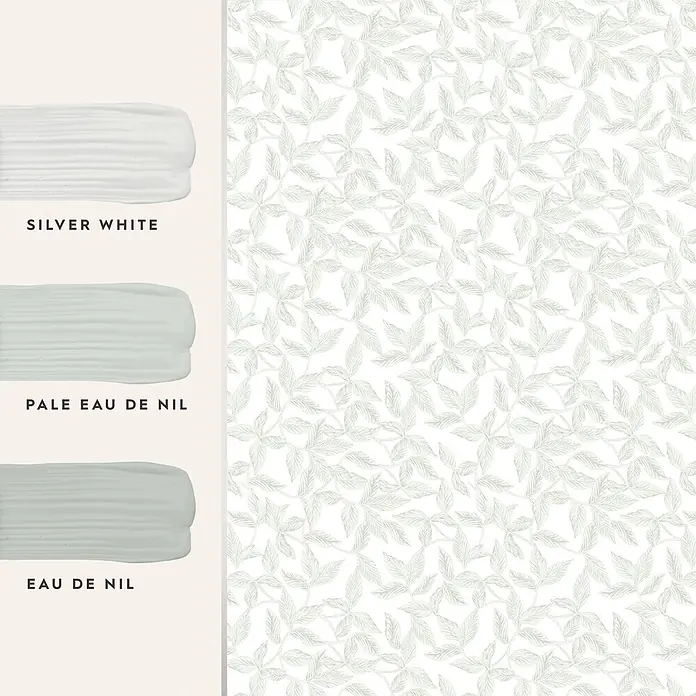 Vliestapete Erwood 1000x52cm Laura Ashley -  - Drei Farbmuster (Silver White, Pale Eau de Nil, Eau de Nil) neben einer Tapete mit hellgrünem Blattmuster.