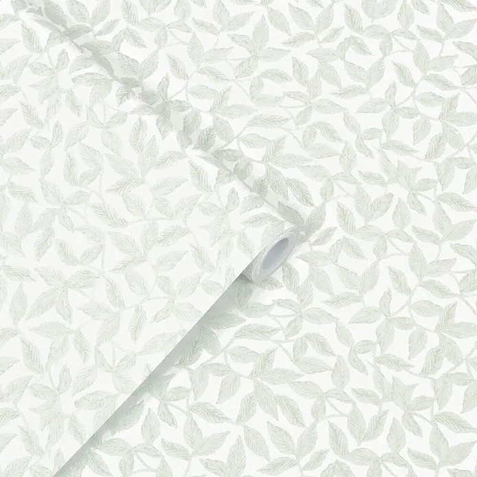 Vliestapete Laura Ashley Erwood  1000x52cm -  - Weiße Tapetenrolle mit dezentem hellgrünem Blattmuster.