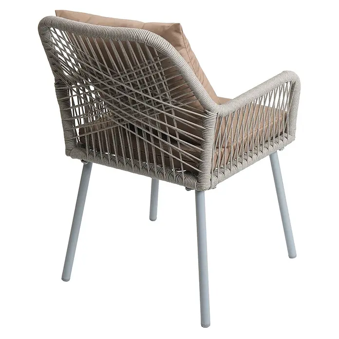 Mendler 2x Gartenstuhl HWC-O12 Rückenpolster - grau, Bezug taupe -  - Hellgrauer geflochtener Sessel mit beigefarbenen Kissen und grauen Metallbeinen.