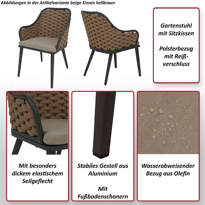 Mendler Gartenstuhl-Set HWC-O16 - 2 Stk., Textil, Anthrazit Kissen taupe, B x T x H: 59 x 63 x 84 cm - Gartenstuhl mit beigem Kissen, hellbrauner Seilgeflecht-Rückenlehne und dunklem Aluminiumgestell.
