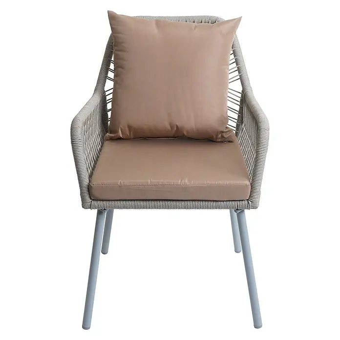 Mendler 2x Gartenstuhl HWC-O12 Rückenpolster - grau, Bezug taupe -  - Moderner Outdoor-Stuhl mit grauem Geflechtrahmen, hellbraunen Kissen und hellblauen Metallbeinen.