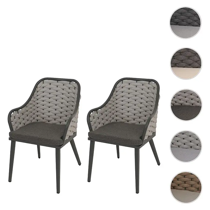 Mendler 2er-Set Aluminium-Gartenstuhl HWC-O16 - hellgrau Kissen dunkelgrau -  - Zwei graue geflochtene Outdoor-Stühle mit dunklen Polstern und mehreren Farboptionen.