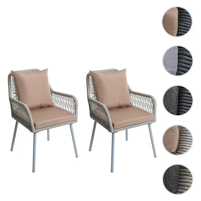 Mendler 2x Gartenstuhl HWC-O12 Rückenpolster - grau, Bezug taupe -  - Zwei Outdoor-Sessel mit hellgrauen geflochtenen Seilkörpern, hellbeigen Kissen und grauen Metallbeinen.