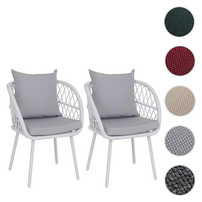 Mendler 2er-Set Gartenstuhl HWC-Q38 - Gestell hellgrau, Polster hellgrau -  - Zwei weiße Outdoor-Stühle aus Geflecht mit grauen Kissen. Farbmuster zeigen weitere Kissenfarben.