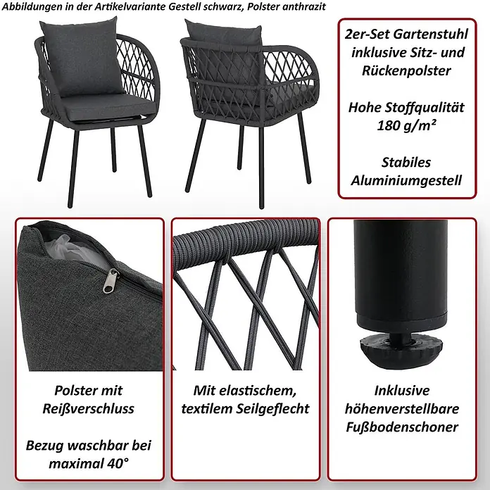 Mendler 2er-Set Gartenstuhl HWC-Q38 - Gestell schwarz, Polster anthrazit -  - 2er-Set anthrazitfarbene Gartenstühle mit schwarzem Aluminiumgestell, textilem Seilgeflecht und höhenverstellbaren Füßen. Bezüge sind abnehmbar und waschbar.