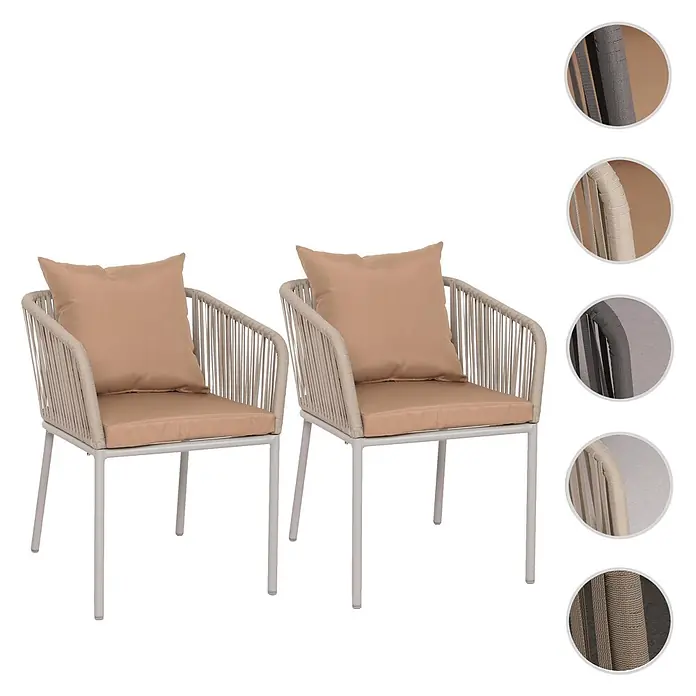 Mendler 2er-Set Gartenstuhl HWC-N41 - grau Kissen Taupe -  - Zwei beigefarbene Outdoor-Esszimmerstühle mit Seilgeflecht und hellen Metallrahmen, inklusive passender beiger Kissen.
