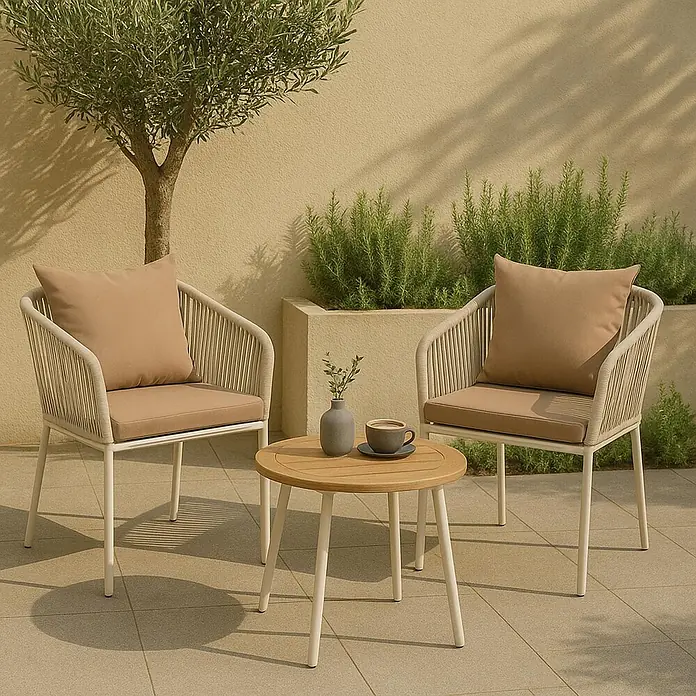 Mendler 2er-Set Gartenstuhl HWC-N41 - grau Kissen Taupe -  - Outdoor-Terrassenset: zwei Stühle mit weißen Gestellen, Seildetails und beigen Kissen sowie ein runder Holztisch auf einer Terrasse.